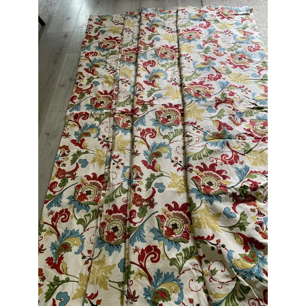 Floral Jacquard Lined Curtain Panels Red Blue Green Cream 91x49 Set 4 blackout